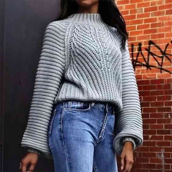 

lantern sleeve vintage sweater women autumn winter grey ovesized jumper casual office blue short pullovers 210427, White;black