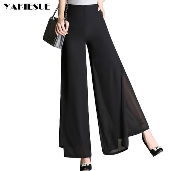 

wid leg pants women chiffon high waist loose summer causal pants ol office work wear female trousers pantalon femme mujer 210519, Blue