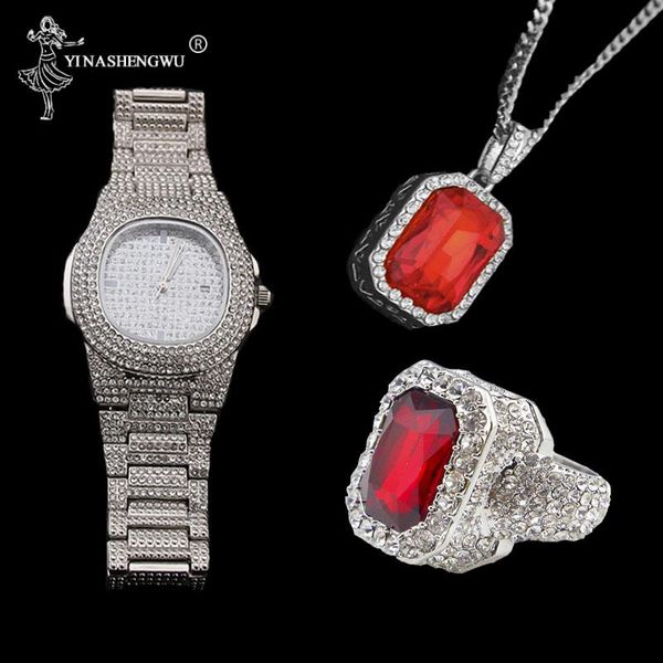 

wristwatches luxury men gold silver watch & red ruby ring combo set ice out cuban diamond hip hop jewelry for, Slivery;brown