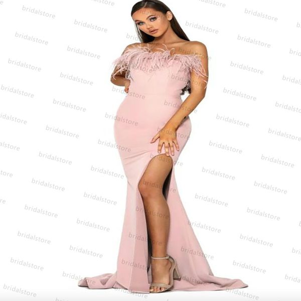 Elegante abito da sera a sirena rosa con piume a fessura alta in raso Plus Size Abiti da ballo africani Abiti da cerimonia lunghi eleganti vVestido Largo Robe Mari￩e Sirene