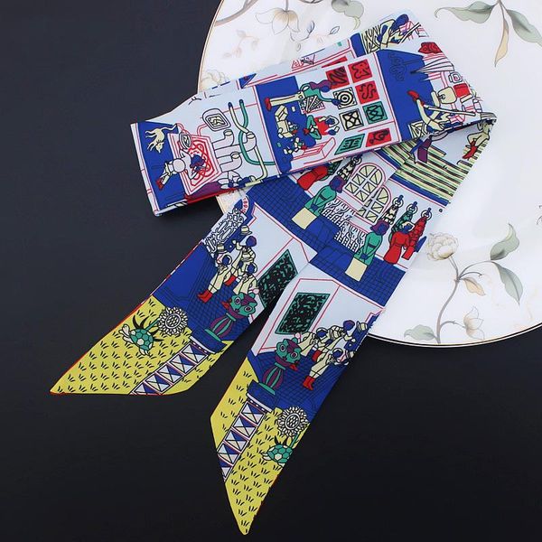 

scarves 2021 design print woman silk scarf brand bag ribbons fashion head small long headband, Blue;gray