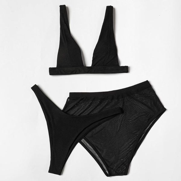 

women's swimwear ztvitality black ribbed three pieces bikini 2022 padded high cut mesh swimsuit female women beach brazilian biquini, White;black
