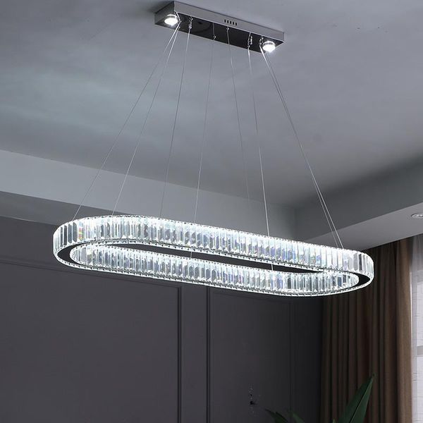 

modern oval chrome gold steel led dimmable pendant lights dining room k9 crystals hanging lamp adjustable cable suspension lamps