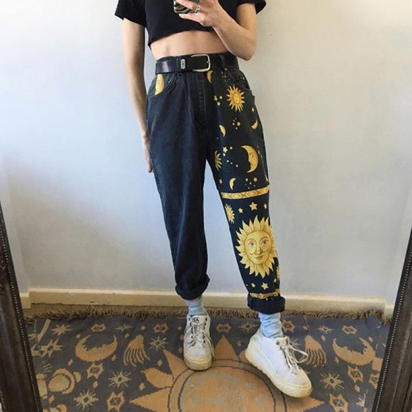 

women's jeans women y2k aesthetic fashion straight sun star printed denim pants spring autumn high waist young girls chic baggy trouser, Blue