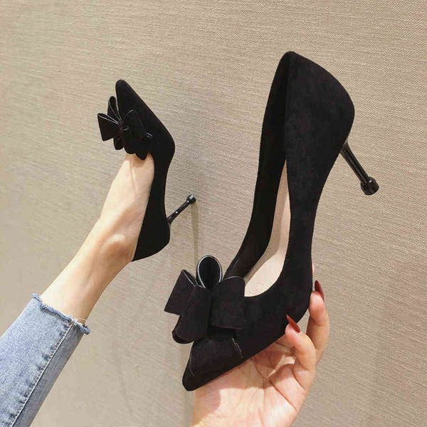 

dress shoes high heels micro heel's thin heel pointed toe fashion versatile shallow mouth size bow single shoes, Black