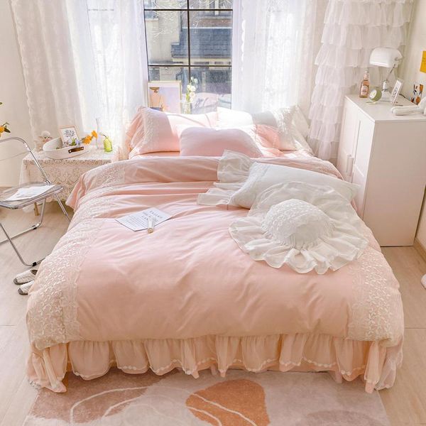 

korean pink lace ruffle princess wedding bedding set luxury solid color duvet cover bedspread bed skirt pillowcases 100% cotton sets
