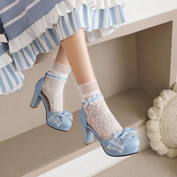 

dress shoes 2021 ladies heels platform cute bow lace princess mary jane lolita party high heel buckle pumps pink white blue, Black