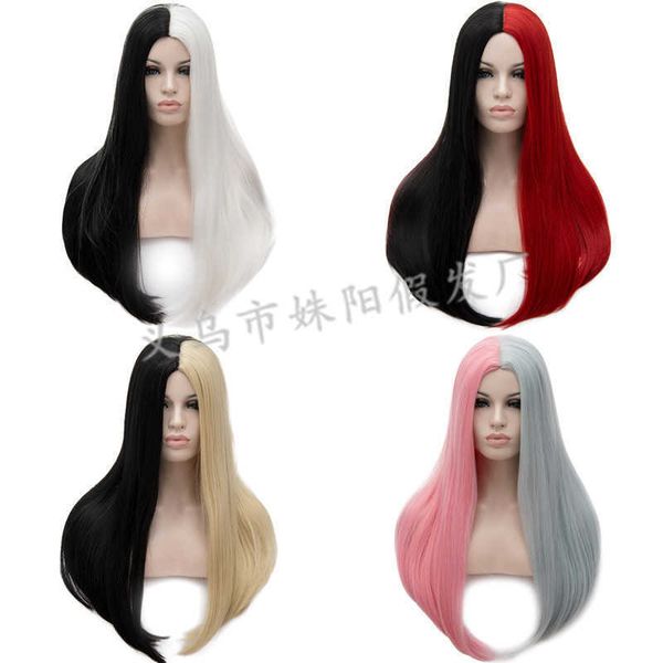 

fashion split double spell large head leather long style with inner wig, Black