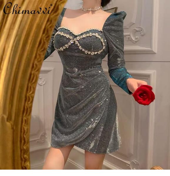 

casual dresses 2021 women's clothing heavy beads decorative fashion high waist slimming temperament long sleeve short dress, Black;gray