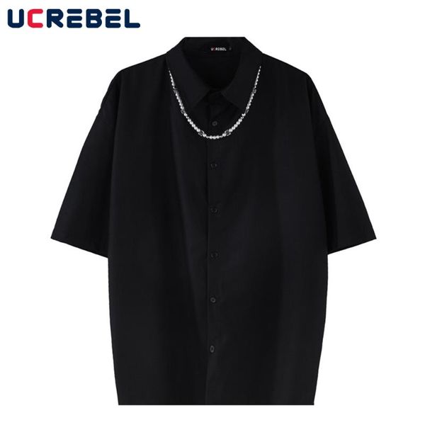 

men's casual shirts with necklace short sleeve shirt mens summer solid color half-sleeve loose lapel men, White;black