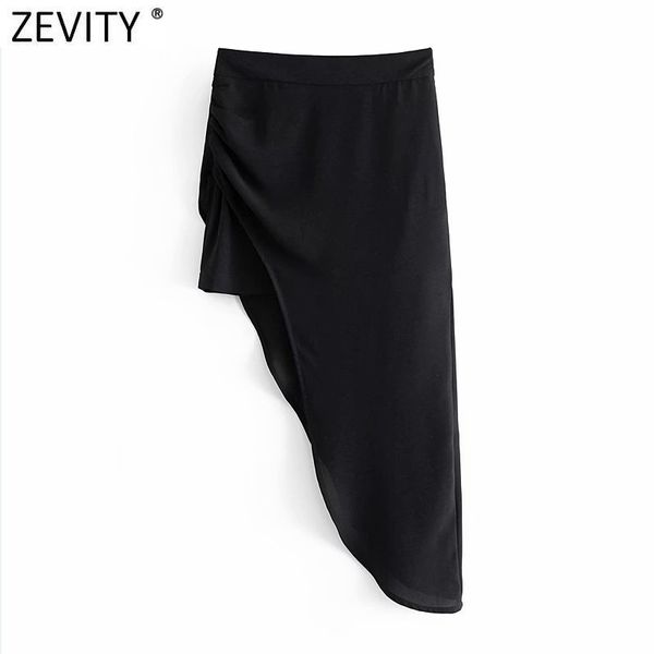 

zevity women high street hem irregular ruffles astmmetrical black skirt faldas mujer ladies side zipper chic slim vestido qun746 210419