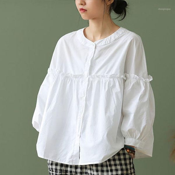 

women's spring autumn style cotton shirt loose o-neck solid color button long sleeve casual sp993 blouses & shirts, White