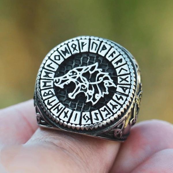 

cluster rings vintage viking rune ring men nordic stainless steel celtics knot wolf head fashion biker amulet jewelry gift, Golden;silver