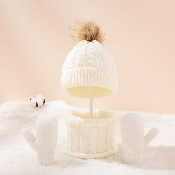 

clothing sets winter warm baby solid color hat gloves scarf set fur ball beanies cap mitten scarves kit for toddler girls boys, White