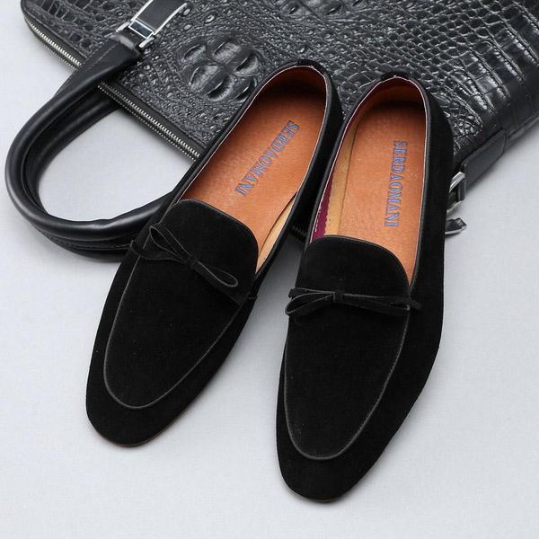 

classic suede men oxford shoes fashion dress genuine leather square toe slip on wedding loafer formal g258, Black