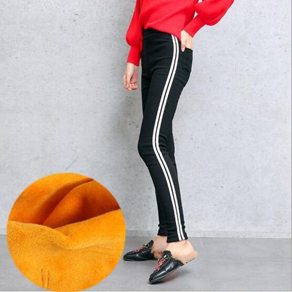 

women's pants & capris wkoud 2021 winter warm trousers for women side stripe thick gold fleeces pencil high waist stretch leggings p841, Black;white