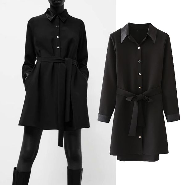 

casual dresses fashion belt accessories turn-down collar shirt dress long sleeve ladies elegant retro vestidos spring mini bef7, Black;gray