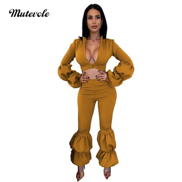 

mutevole crop and pants ruffle two piece set women deep v neck 2 sets fashion solid bodycon 2pcs outfit women's, White