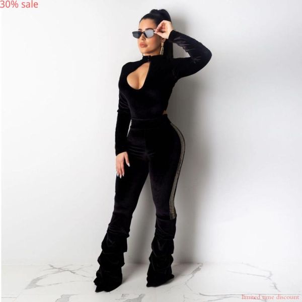 

women's jumpsuits & rompers black women night club party outfits elegant long sleeve bodycon winter velvet overalls, Black;white