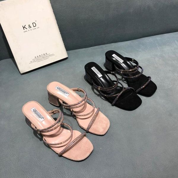 

slippers crystal narrow band 2-wear thick heels square toe summer woman shoes fashion all match brief slides concise flip flops, Black