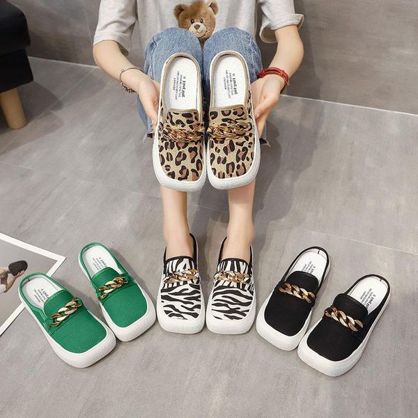 

slippers female shoes flat slides low cover toe loafers fashion 2021 leopard luxury pu rome cotton fabric canvas rubber, Black