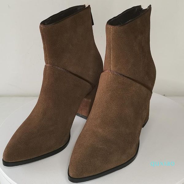 

boots women ankle genuine leather shoes plus size 22-26.5 cm cow suede pointed high heel back zipper black 2 colors