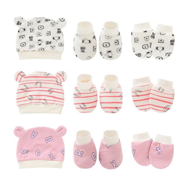 

caps & hats baby hat infants anti scratching cotton gloves+ears hat+foot cover set born mittens socks beanies cap kit, Yellow