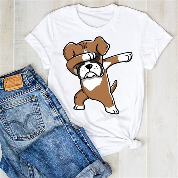 

cartoon dog cute pet print women t shirt fashion summer clothes graphic, White