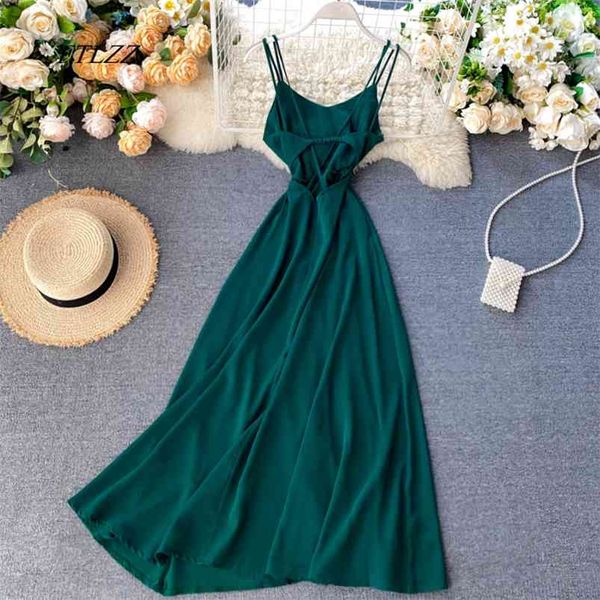 

summer women camisole backless higt waist a-line slim elegant v neck midi long dress vestidos multicolour 210430, Black;gray