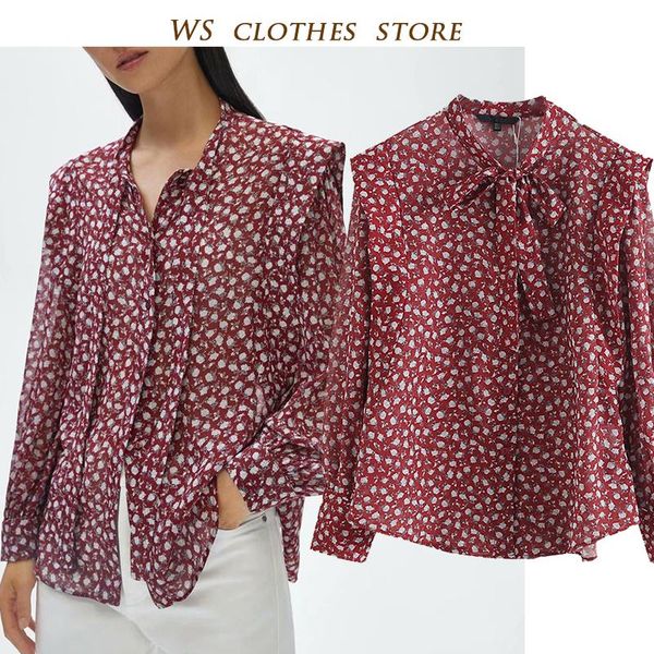 

women's blouses & shirts md 2021 fashion boho style printing floral front buttton fitted blouse female casual lace-up bow puff sleeve s, White