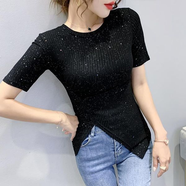

women's t-shirt summer the irregular split design t shirt women short sleeve slim tshirt woman o collar shirts, White