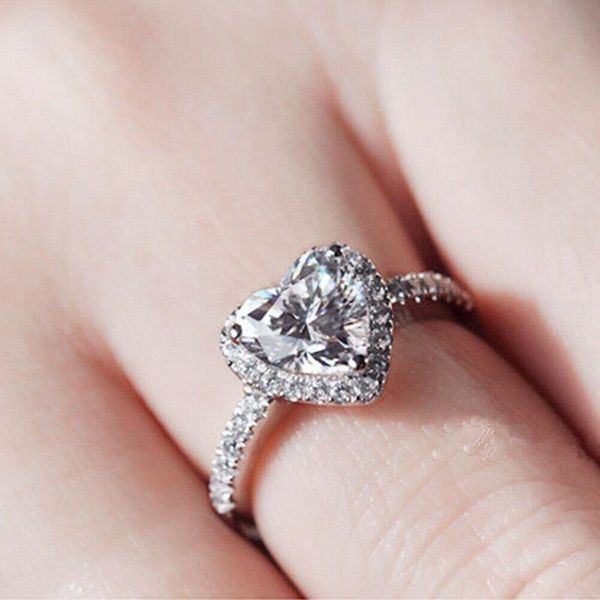 

wedding rings cute heart love zircon stone ring silver color jewelry promise engagement for women 2021 valentine's day gift, Slivery;golden