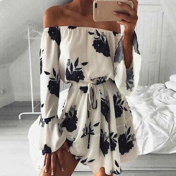 

casual dresses womens off shoulder mini dress floral printed long sleeve beach with belt summer flare empire neck y529, Black;gray
