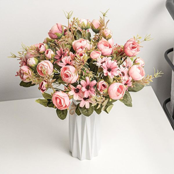 

decorative flowers & wreaths silk rose pink artificial bouquet wreath accessories craft wedding party home garden decoration fa