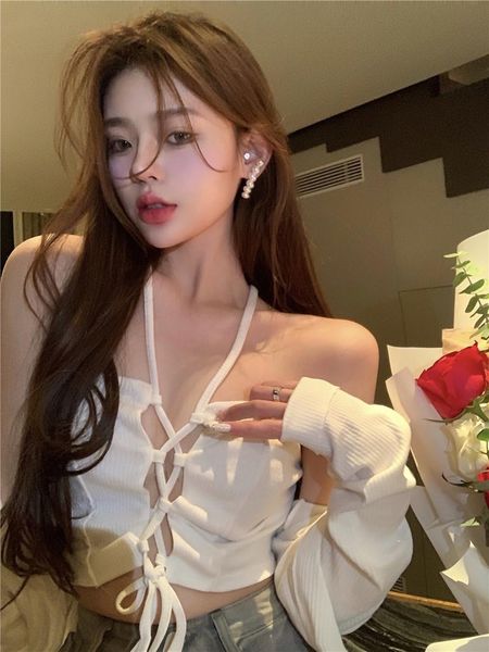 

women's tanks & camis cross hollowed out neck suspender vest women's summer strapless outer design sense of minority short style wi, White