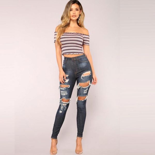 

women's jeans ripped hole stylish women high waist skinny pencil denim pants washed no stretch casual fashion, Blue