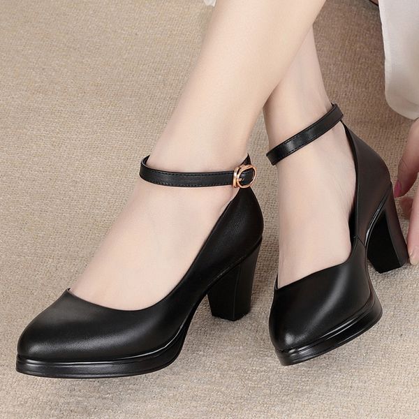 

spring women's sho single leather middle heels work drs, Black