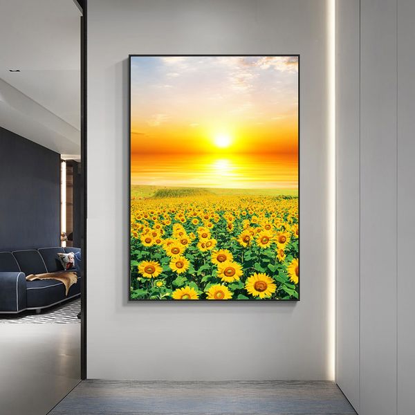 Sonnenblumenfeld-Landschaftsölgemälde auf Leinwand, Schlafzimmer-Dekoration, moderne Blumen-Wandkunst, Wohnzimmer, ohne Rahmen, Bild, Heimdekoration