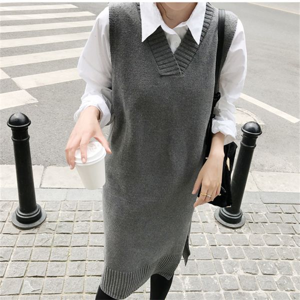 

casual dresses outono vestido feminino solto sem mangas suéter colete tricô longo pulôver de lã malha gran uzbf, Black;gray