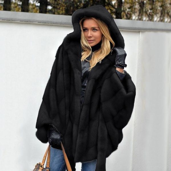 

women's fur & faux faux-fur coat winter luxury solid color batwing sleeve warm outerwear temperament hooded jacket #40, Black