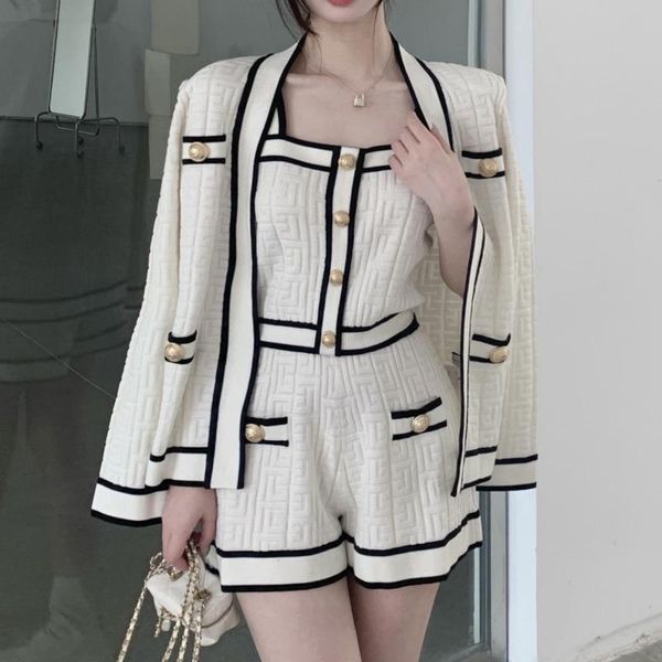 

women's tracksuits korean fashion three piece sets women small fragrance cardigan sweaters + sling shorts knitted casual suits autumn, Gray