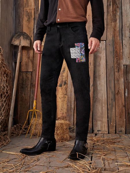 

men geo print skinny jeans a8zb#, Blue