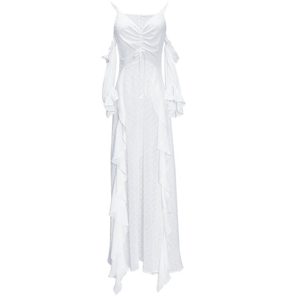 Mulheres praia férias branco v-pescoço strapless spaghetti strap flare manga longa plissado maxi vestido feriado d2293 210514