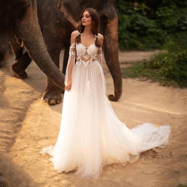 

other wedding dresses tulle 2021 a-line sheer neck lace appliques bohemian beach bridal gown with button back long sweep train, White