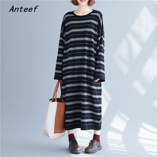 

long sleeve knitted plus size vintage stripe women causal loose autumn winter sweater dress elegant clothes ladies dresses 210517, Black;gray
