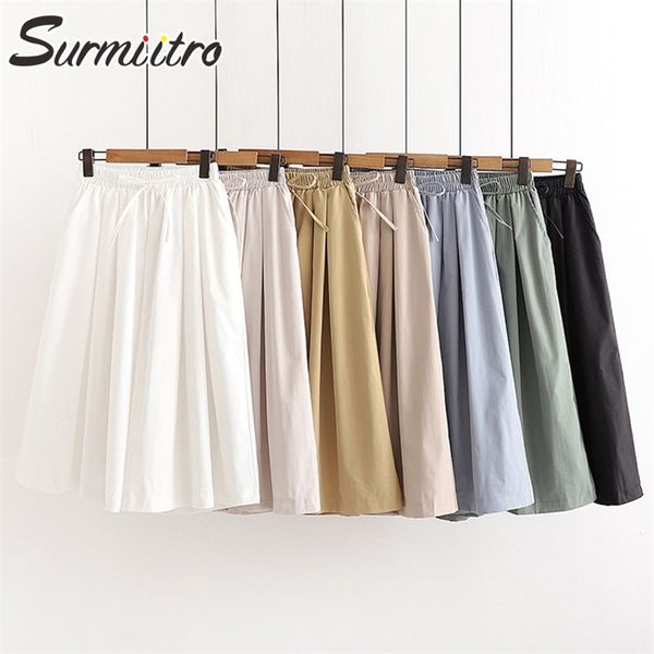 

cotton midi calf length wide leg baggy long pants women summer korean style lace up female high waist trousers 210421, Blue