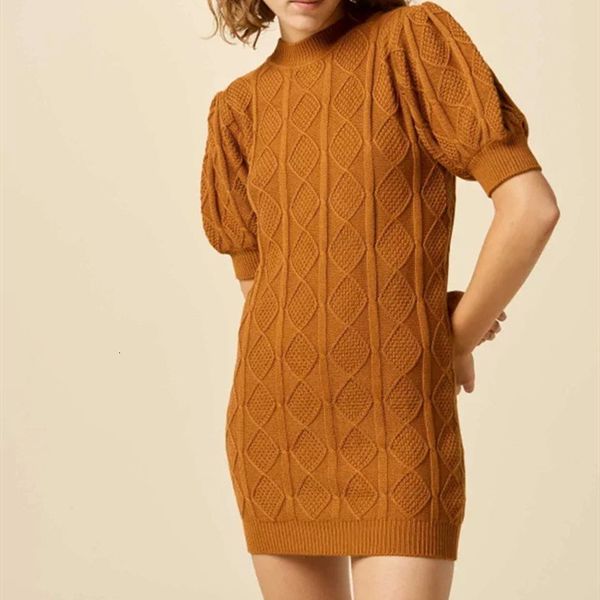 

dress women o-neck knitted mini dress lady 2021 early spring short puff sleeve knitwear female fashion robes, Black;gray