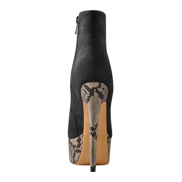 

boots ankle platform boots women16cm high heel snake stiletto side zipper lace up booties for ladies plus size us5~us15, Black