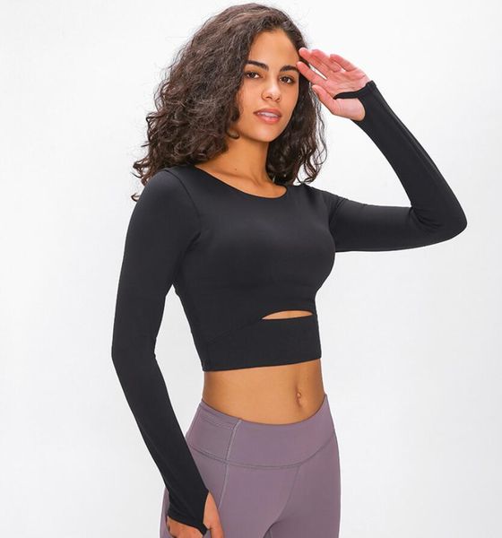 Top a manica lunga da donna Scava fuori Sexy Yoga Reggiseno sportivo Camicia imbottita Foro per il pollice Corto Slim Fitness Running Gym T-shirt Tees