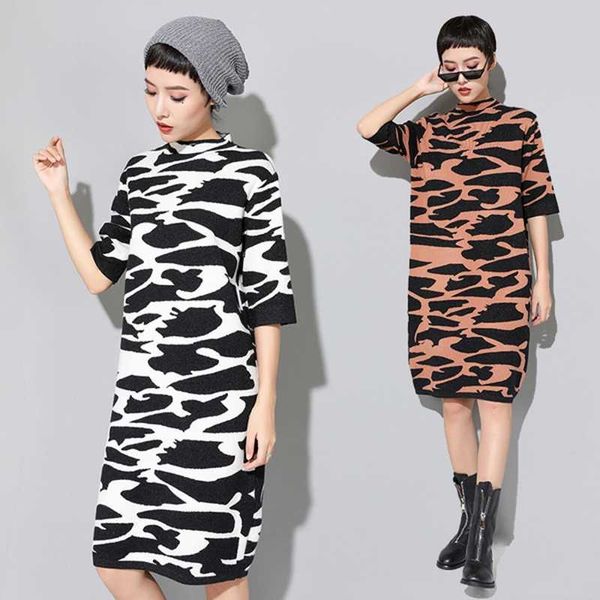 

half sleeve o-neck knitted dres casual autumn winter sweater female elegant pullover knee-length es 210601, Black;gray